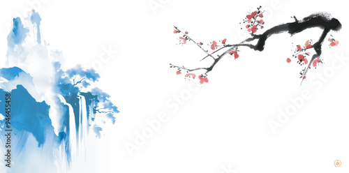 Minimalist blue ink landscape with misty mountains, waterfall, and sakura blossom. Traditional oriental ink painting sumi-e, u-sin, go-hua. Translation of hieroglyph - zen