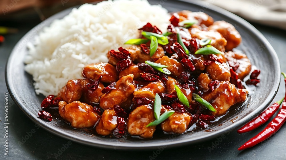 A plate of spicy Sichuan chicken, garnished with dried chili peppers and Sichuan peppercorns, served with steamed white rice A plate of spicy Sichuan chicken, garnished with dried chili peppers and Sichuan peppercorns, served with steamed white rice