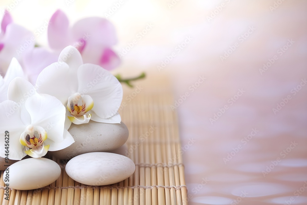 White orchid flowers with stones on bamboo mat. Spa composition. Beauty treatment and aromatherapy. Wellness and relaxation concept. Banner with copy space White orchid flowers with stones on bamboo mat. Spa composition. Beauty treatment and aromatherapy. Wellness and relaxation concept. Banner with copy space