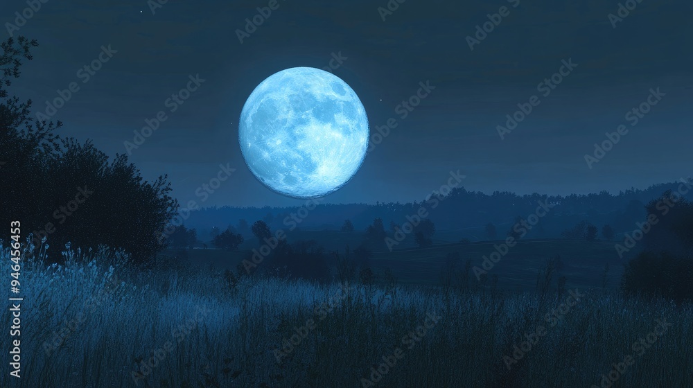 A full blue moon casting a gentle light over a quiet countryside at night. A full blue moon casting a gentle light over a quiet countryside at night.