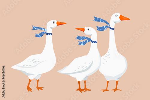 Family of three white geese with blue Polka dots ribbons of scarves. Cute vector illustration in flat style on isolated background in flat style. For design of children's room, photo album, postcard.