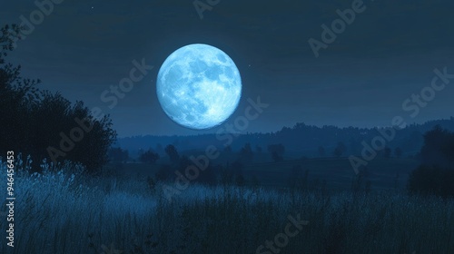 A full blue moon casting a gentle light over a quiet countryside at night.