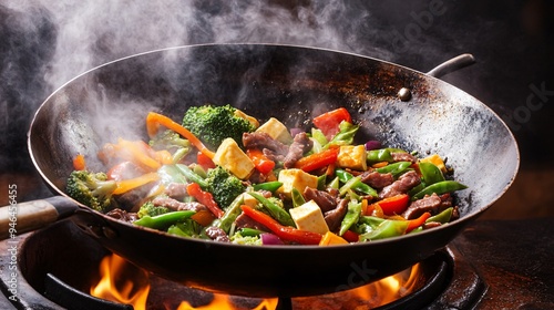 A rustic Chinese kitchen with a wok sizzling over a high flame, stir-frying colorful vegetables, tofu, and tender beef strips