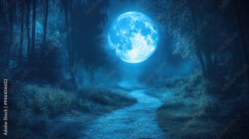 A full blue moon casting a serene glow on a forest path at night. A full blue moon casting a serene glow on a forest path at night.