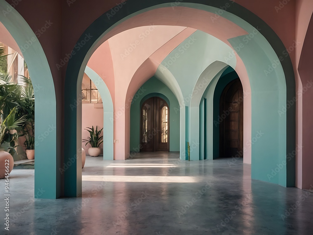 Modern interior with archways and pastels Modern interior with archways and pastels