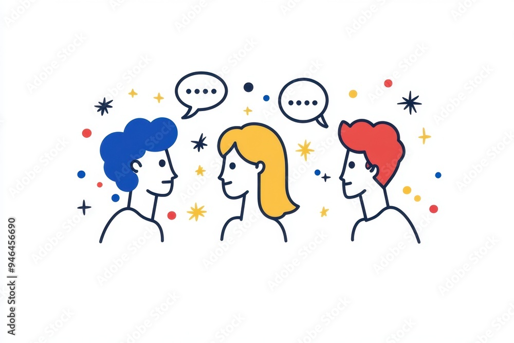A simple line drawing of three people talking to each other, with speech bubbles above their heads The design is flat, with a white background and a color scheme of blue, red, and yellow Generative AI A simple line drawing of three people talking to each other, with speech bubbles above their heads The design is flat, with a white background and a color scheme of blue, red, and yellow Generative AI