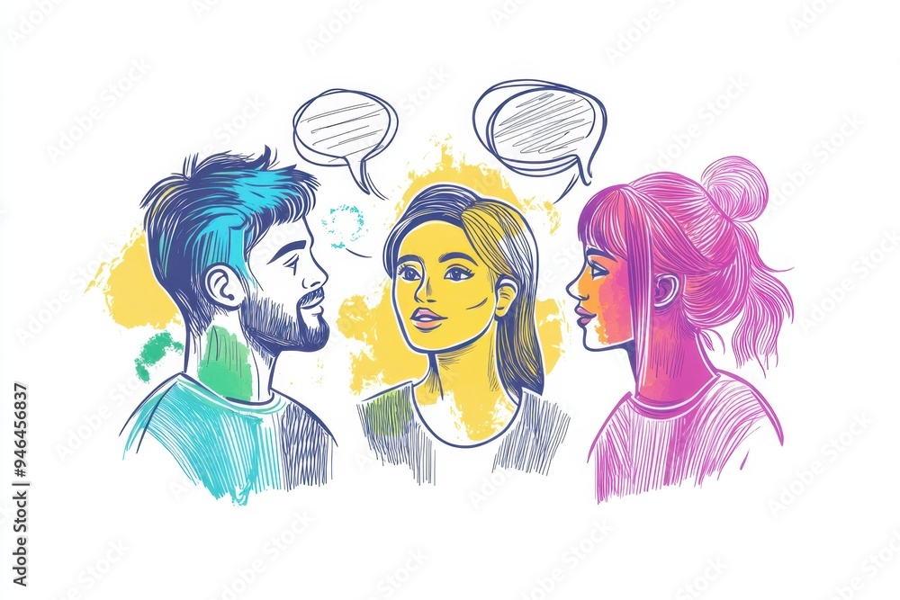 Three people with speech bubbles, one person is speaking and the other two listening, in a colorful line art style on a white background Generative AI Three people with speech bubbles, one person is speaking and the other two listening, in a colorful line art style on a white background Generative AI