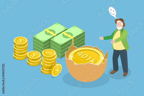 3D Isometric Flat Vector Illustration of Retirement 401K Investment, Pension Plan, Financial Success