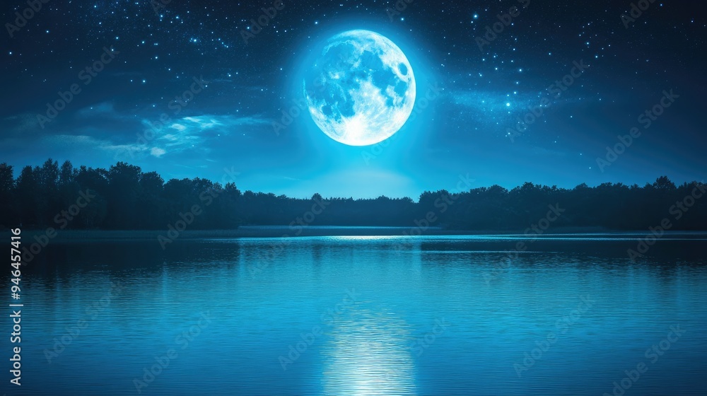 A full blue moon glowing softly above a peaceful lake, with stars reflecting in the water. A full blue moon glowing softly above a peaceful lake, with stars reflecting in the water.