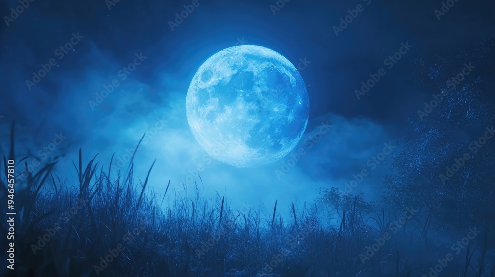 A full blue moon glowing softly through the mist, creating a serene night scene. A full blue moon glowing softly through the mist, creating a serene night scene.