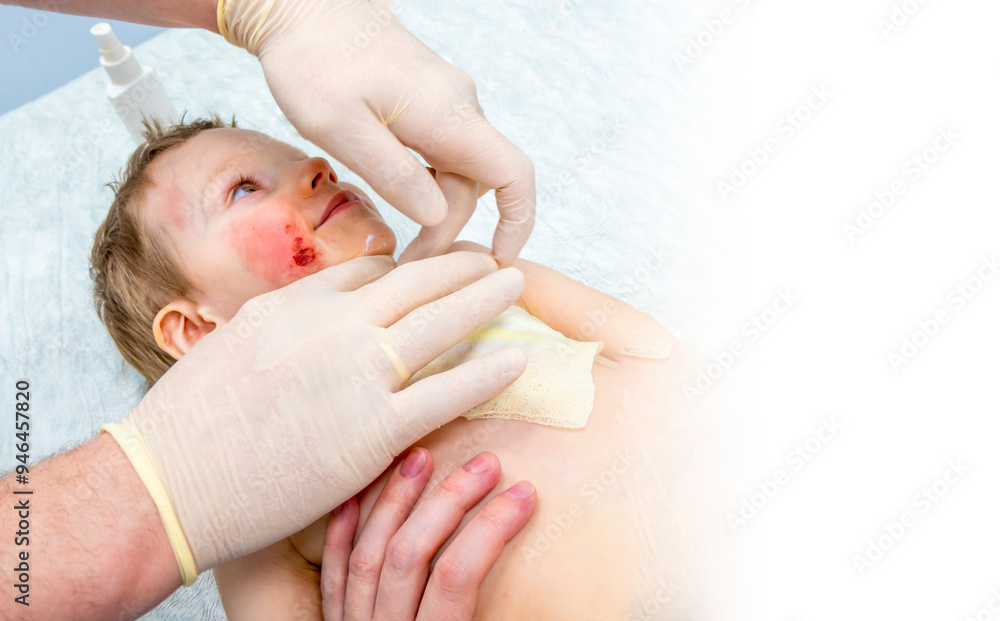 medical procedure dressing a boy with a first-degree burn from boiling water on his face, neck and chest