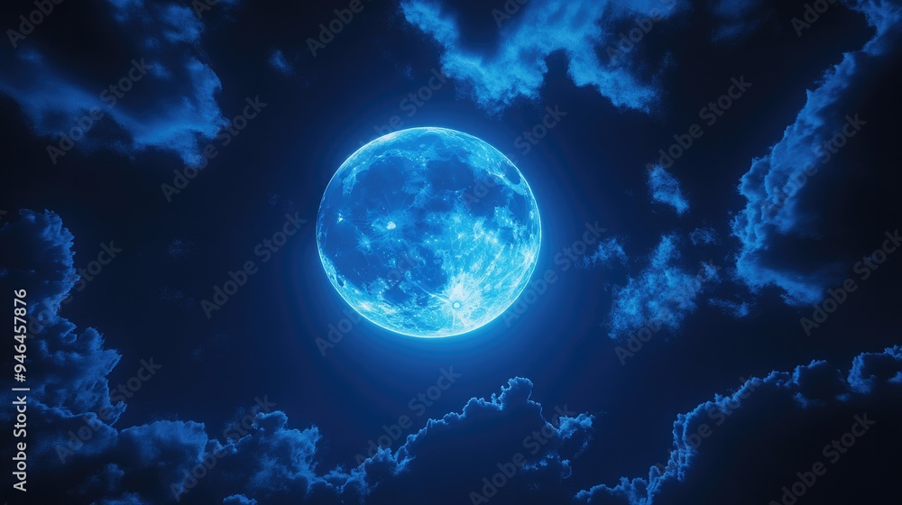 Obraz premium A full blue moon glowing softly, with scattered clouds creating a mystical atmosphere in the night sky.