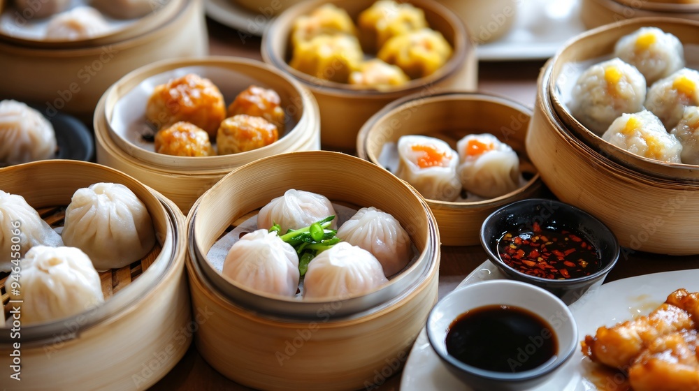 A vibrant dim sum platter with steamed buns, shumai, and dumplings, served in traditional bamboo steamers, with soy sauce and chili oil on the side A vibrant dim sum platter with steamed buns, shumai, and dumplings, served in traditional bamboo steamers, with soy sauce and chili oil on the side