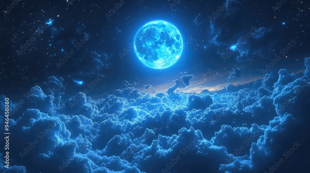 A full blue moon high in the sky, illuminating the clouds with a mystical light. A full blue moon high in the sky, illuminating the clouds with a mystical light.