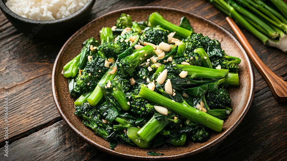 A vibrant dish of stir-fried Chinese broccoli with garlic, served on a rustic wooden table with a side of steamed rice A vibrant dish of stir-fried Chinese broccoli with garlic, served on a rustic wooden table with a side of steamed rice