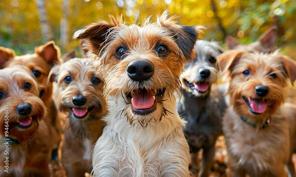 A joyful pack of dogs frolics through a stunning autumn landscape, their playful barks harmonizing with the rustling leaves and brilliant colors surrounding them A joyful pack of dogs frolics through a stunning autumn landscape, their playful barks harmonizing with the rustling leaves and brilliant colors surrounding them