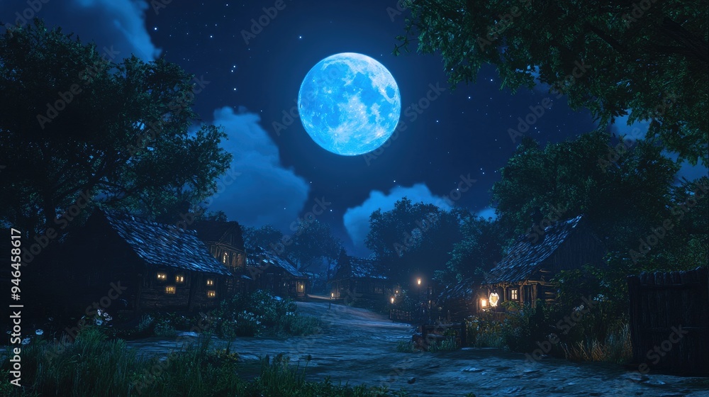 A full blue moon low on the horizon, shining over a quiet village at night. A full blue moon low on the horizon, shining over a quiet village at night.