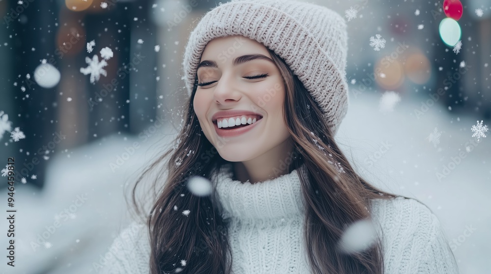A joyful woman enjoying a snowy day while smiling and playing with snowflakes in a winter wonderland setting A joyful woman enjoying a snowy day while smiling and playing with snowflakes in a winter wonderland setting
