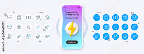 Upload file, Escalator and Diesel line icons. Phone mockup with 3d energy icon. Pack of Dollar rate, Order, Book icon. Fitness, Verify, Bitcoin project pictogram. Vector