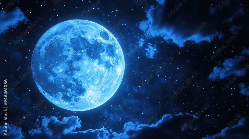 A full blue moon with a few scattered clouds, creating a serene night sky. A full blue moon with a few scattered clouds, creating a serene night sky.