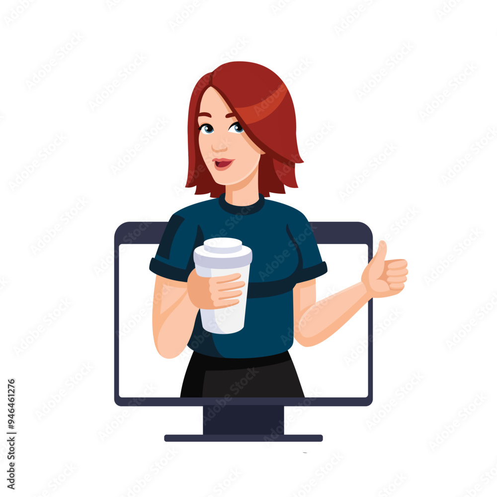 Young woman with coffee cup Shows thumbs up from computer monitor. Online Education, knowledge, student concept design. Vector illustration. Likes on social networks. concept Young woman with coffee cup Shows thumbs up from computer monitor. Online Education, knowledge, student concept design. Vector illustration. Likes on social networks. concept