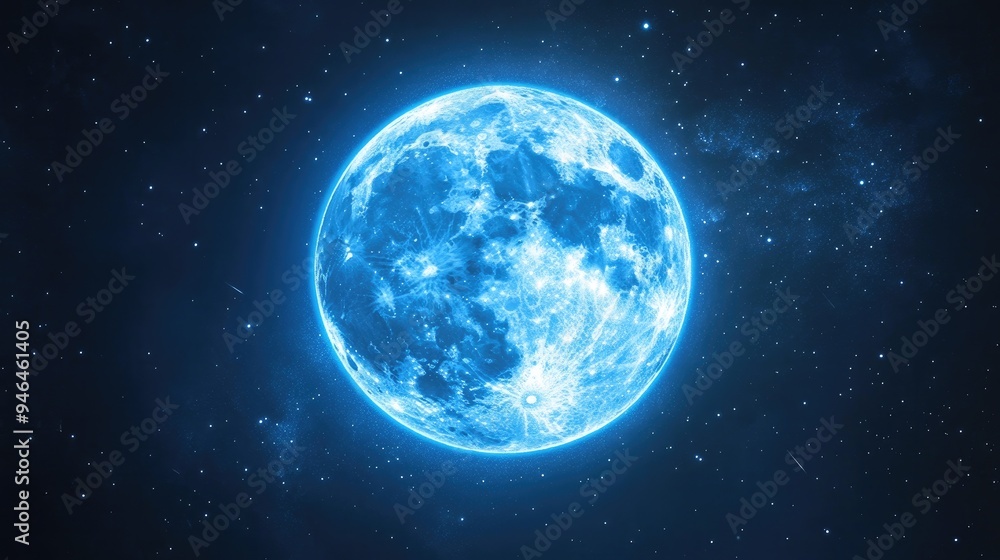 A full blue moon with a soft, glowing aura, surrounded by twinkling stars. A full blue moon with a soft, glowing aura, surrounded by twinkling stars.