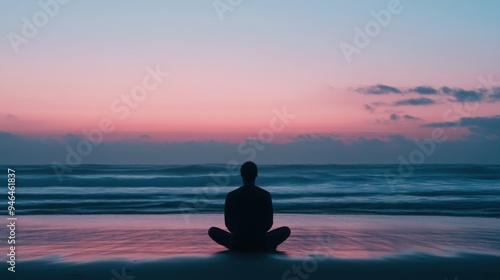 Wallpaper Mural A tranquil beach at dusk, with a single figure practicing deep breathing exercises, the waves reflecting their rhythmic breath as they release their sadness into the ocean Torontodigital.ca