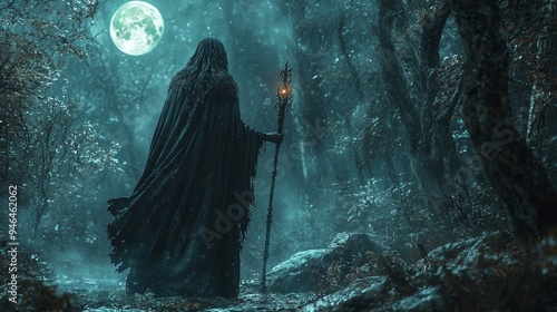 Mysterious Figure with Staff in Dark Forest Under Full Moon