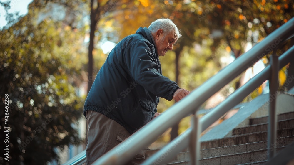 Elderly man with white hair climbing stairs in an urban park setting surrounded by trees in autumn Elderly man with white hair climbing stairs in an urban park setting surrounded by trees in autumn