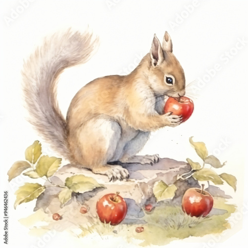 gezeichnetes Eichhörnchen mit Äpfeln Obst und Natur