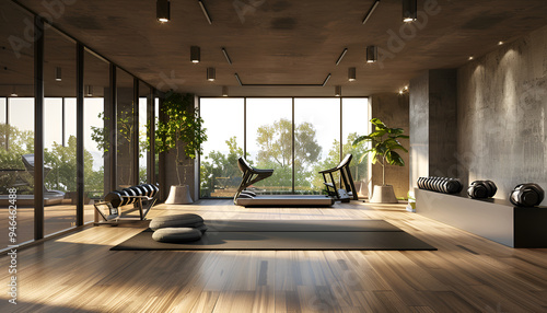 Panoramic view of modern style gym interior