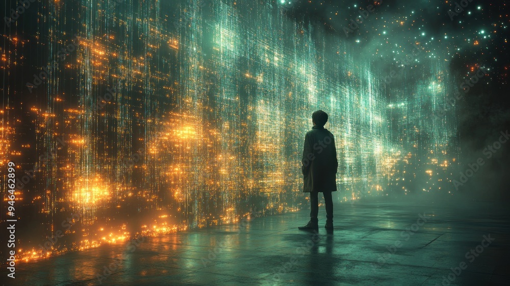 Silhouette of a person standing before a wall of glowing digital code Silhouette of a person standing before a wall of glowing digital code