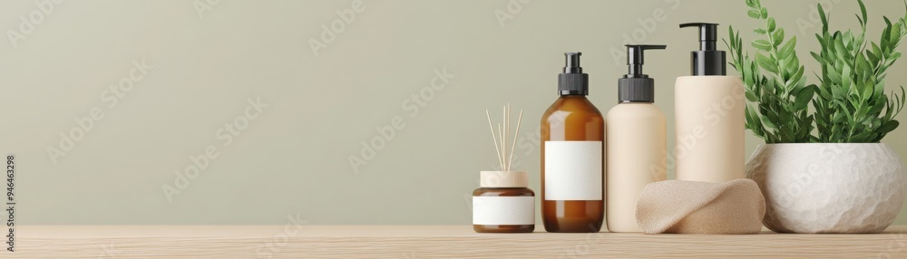 Organic skincare products, natural ingredients on display, 3D illustration Organic skincare products, natural ingredients on display, 3D illustration