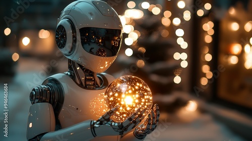 Robot Holding Glowing Sphere in City Lights