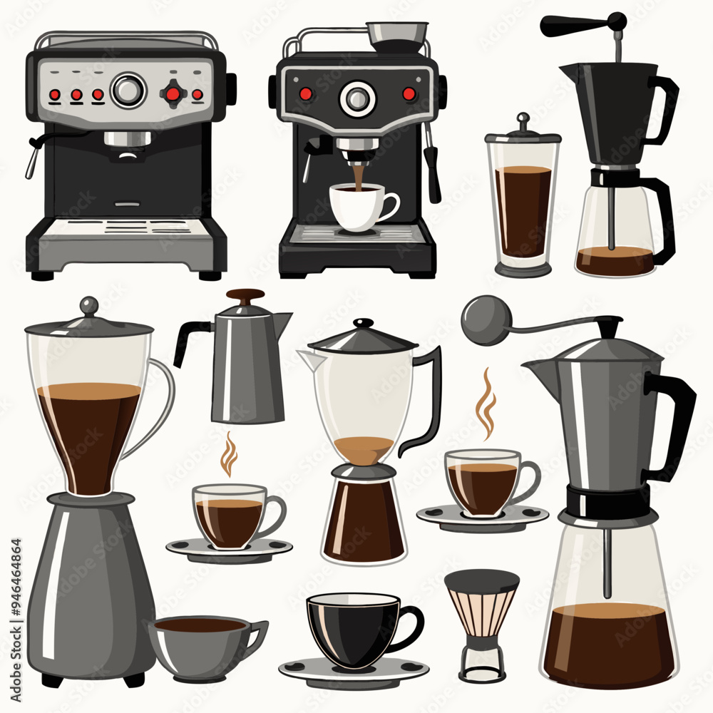 Vector images of coffee-making tools like espresso machines, coffee grinders, and frothing pitchers. Vector images of coffee-making tools like espresso machines, coffee grinders, and frothing pitchers.
