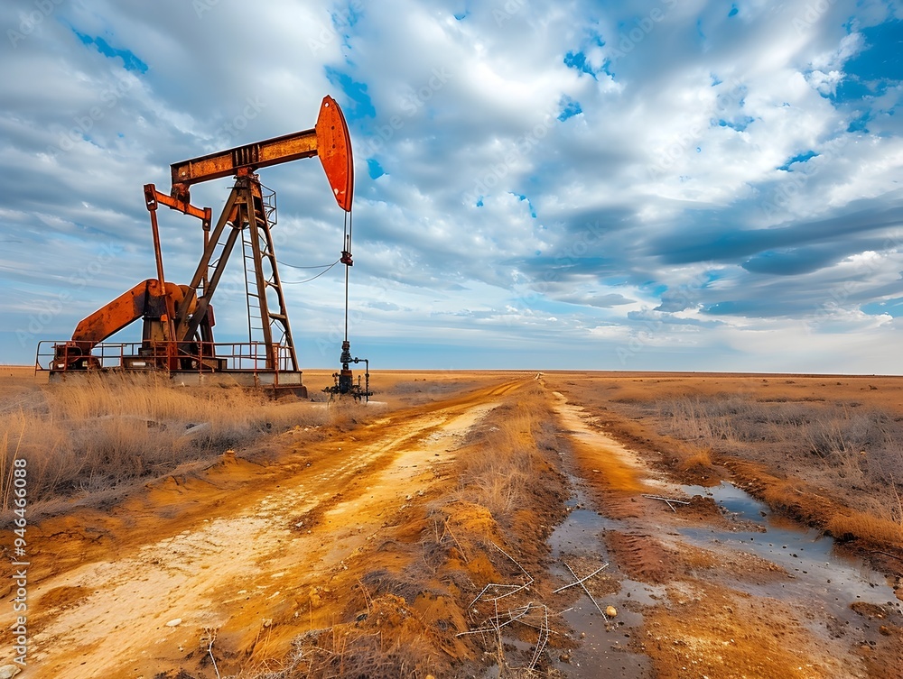 Dramatic Oil Derrick in Barren Landscape with Cloudy Sky Dramatic Oil Derrick in Barren Landscape with Cloudy Sky