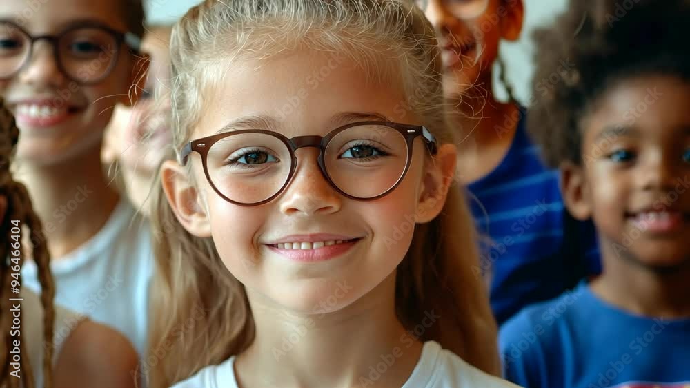 Diversity group children smiling with glasses during a fun learning event in a bright classroom setting Diversity group children smiling with glasses during a fun learning event in a bright classroom setting
