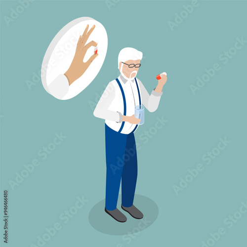 3D Isometric Flat Vector Illustration of Eldery Person Taking Drugs or Vitamins, Senior Daily Routine