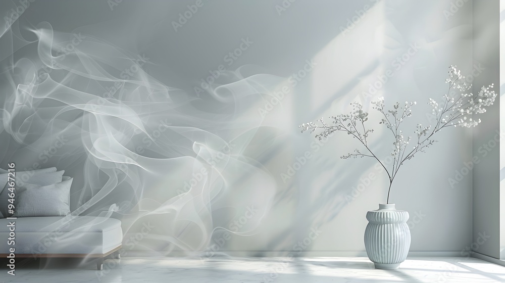 Serene and Calming Minimalist Living Room with Ethereal White Smoke Ambiance Serene and Calming Minimalist Living Room with Ethereal White Smoke Ambiance