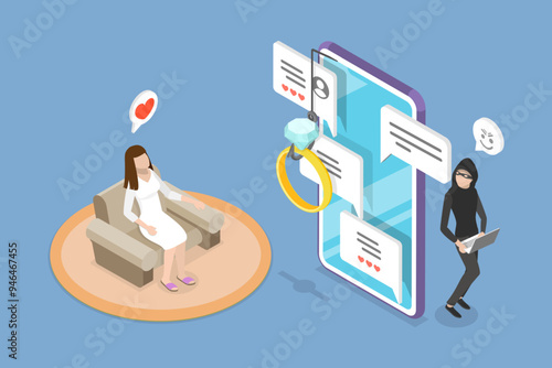3D Isometric Flat Vector Illustration of Romance Scam, Online Dating Phishing Fraud