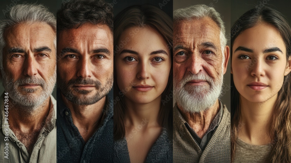 A diverse group of five individuals stands together, each displaying distinct facial expressions and characteristics, emphasizing age and diversity. Generative AI A diverse group of five individuals stands together, each displaying distinct facial expressions and characteristics, emphasizing age and diversity. Generative AI