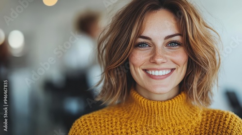 A smiling woman in a casual setting wears a yellow sweater, exuding warmth and happiness, with blurred elements in the background that contribute to a relaxed atmosphere. photo