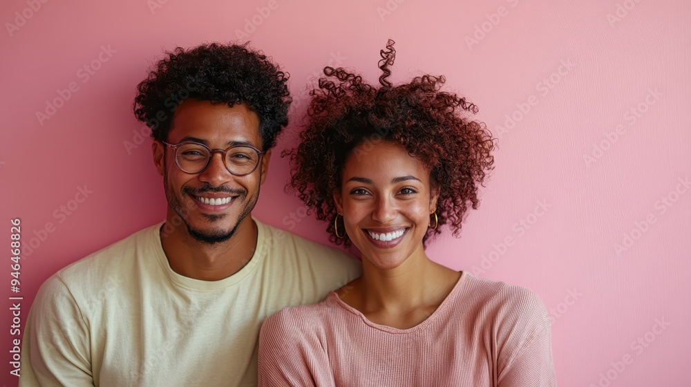 A cheerful couple smiles warmly while standing against a soft pink wall, radiating joy, affection, and positive energy, with the man wearing glasses and both dressed casually. A cheerful couple smiles warmly while standing against a soft pink wall, radiating joy, affection, and positive energy, with the man wearing glasses and both dressed casually.