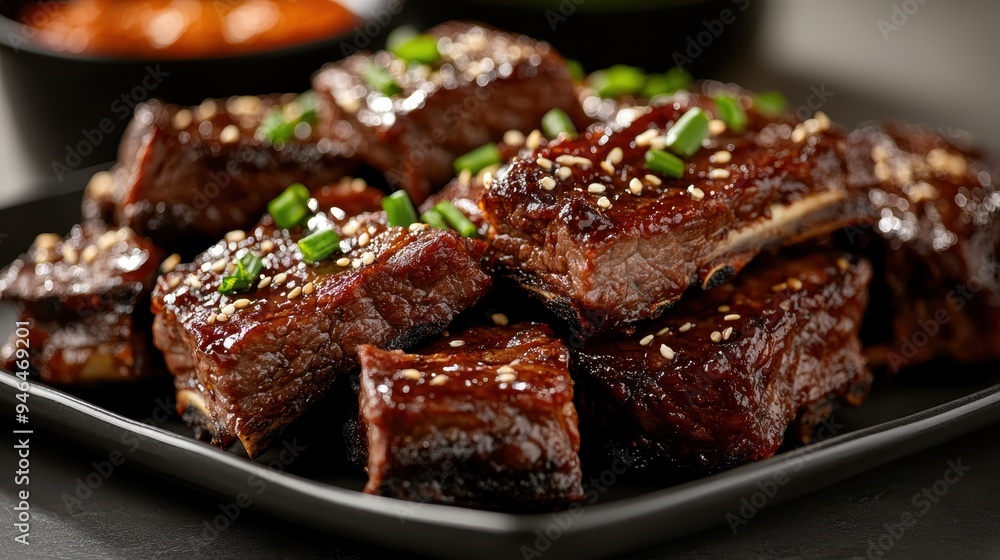 A mouth-watering close-up of tender ribs glazed with a savory sauce and garnished with fresh green onions, capturing the delicious texture and rich flavors of the dish. A mouth-watering close-up of tender ribs glazed with a savory sauce and garnished with fresh green onions, capturing the delicious texture and rich flavors of the dish.