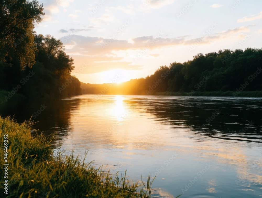 Hazy sunset over a calm river, humid weather, golden hour light Hazy sunset over a calm river, humid weather, golden hour light