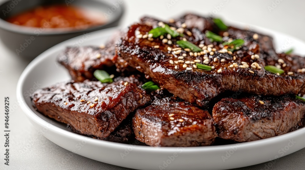 A delectable plate of ribs glazed with a caramelized sauce, topped with fresh green onions and served alongside a dipping sauce, showcasing the rich flavors and appealing presentation. A delectable plate of ribs glazed with a caramelized sauce, topped with fresh green onions and served alongside a dipping sauce, showcasing the rich flavors and appealing presentation.