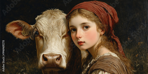 renaissance painting of young peasant girl with red headscarf next to cow