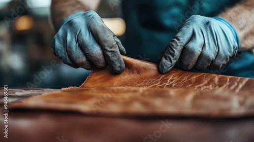 Hands of a craftsman working with a piece of leather, showcasing the meticulous and dedicated art of leathercraft and the intimate, hands-on process behind crafting leather goods.