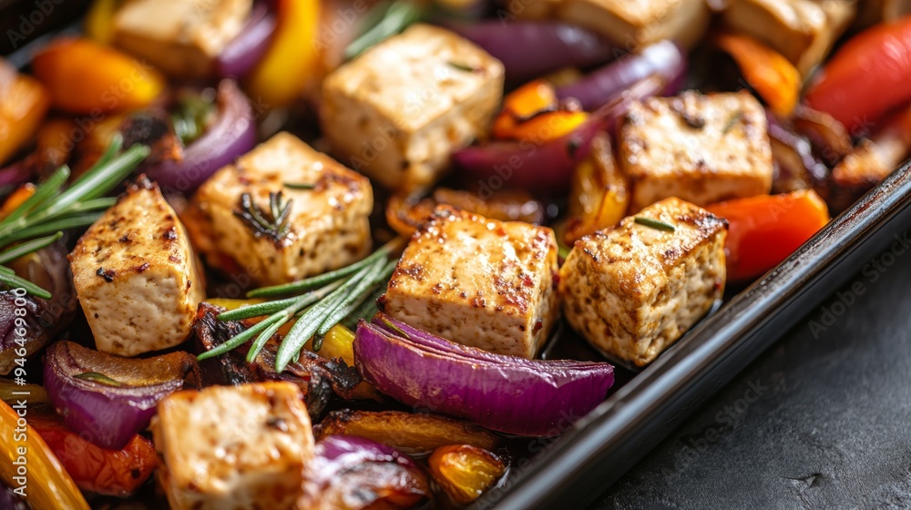 Vegetarian cuisine: Baked vegetables with tofu. Vegetarian cuisine: Baked vegetables with tofu.