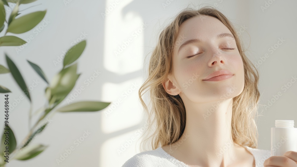 A serene moment of self-care, showcasing a woman enjoying a skincare routine in a bright, natural setting. A serene moment of self-care, showcasing a woman enjoying a skincare routine in a bright, natural setting.